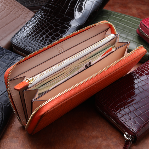 現品限り 濃い茶 クロコダイル 鰐革 背革 長財布 ラウンドファスナー  
